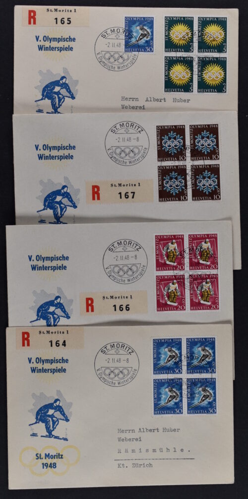 SWITZERLAND, OLYMPIC GAMES 1948 ST MORITZ IN BLOCKS OF 4, ON 4 ENVELOPES <i>Schweiz, Olympische Spiele 1948 St. Moritz in Viererblocks, auf 4 Briefumschlägen.</i>