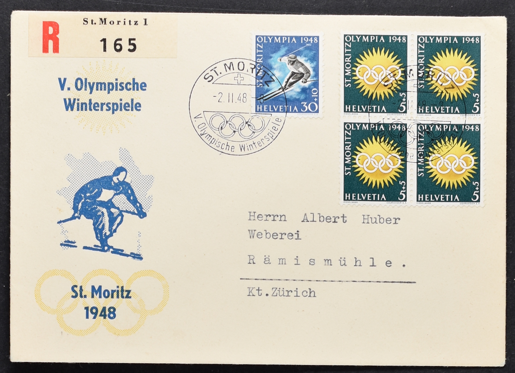 SWITZERLAND, OLYMPIC GAMES 1948 ST MORITZ IN BLOCKS OF 4, ON 4 ENVELOPES <i>Schweiz, Olympische Spiele 1948 St. Moritz in Viererblocks, auf 4 Briefumschlägen.</i> - Image 6