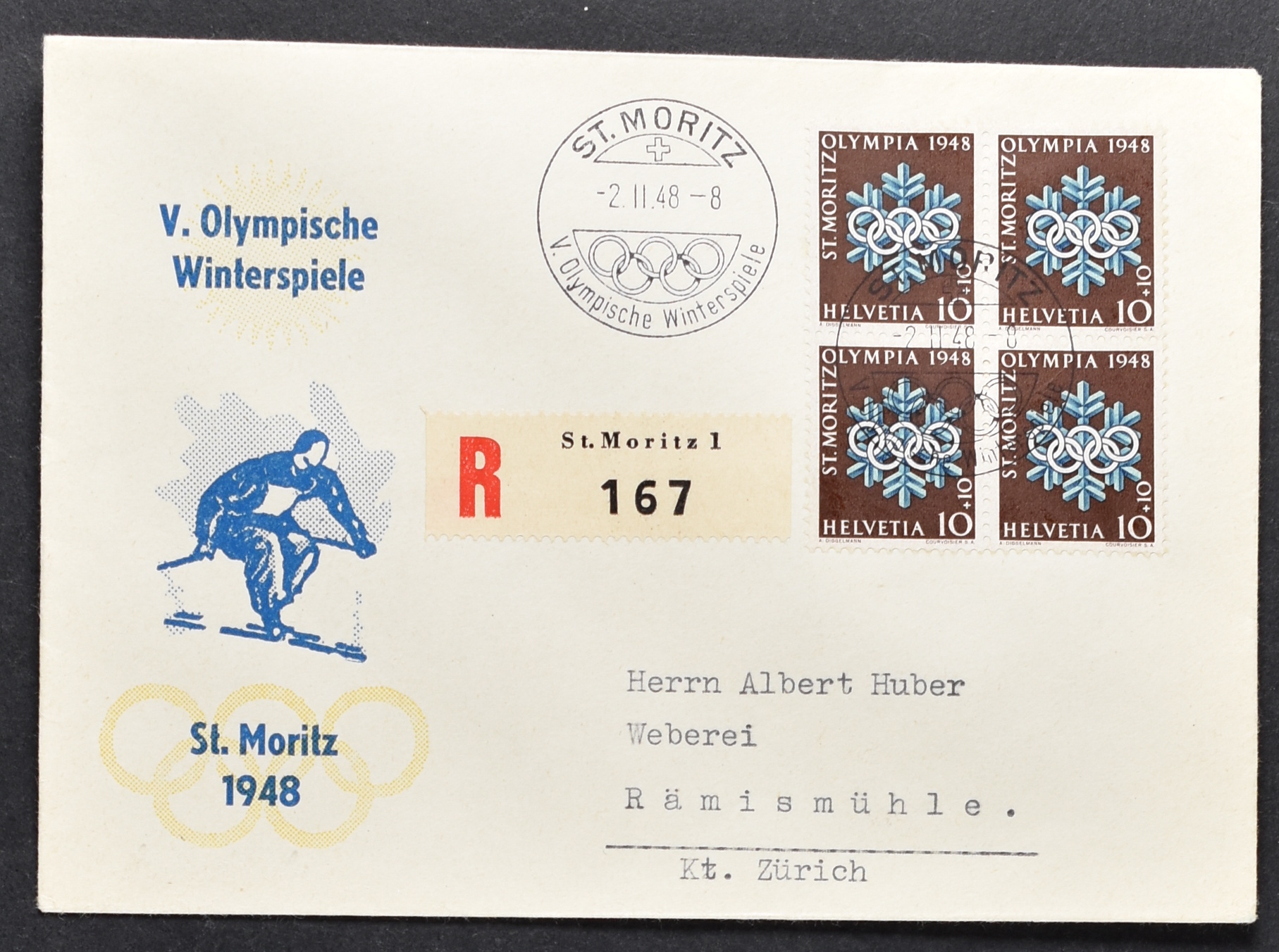 SWITZERLAND, OLYMPIC GAMES 1948 ST MORITZ IN BLOCKS OF 4, ON 4 ENVELOPES <i>Schweiz, Olympische Spiele 1948 St. Moritz in Viererblocks, auf 4 Briefumschlägen.</i> - Image 4