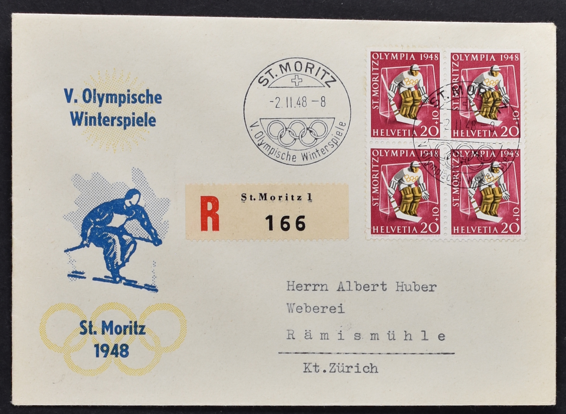 SWITZERLAND, OLYMPIC GAMES 1948 ST MORITZ IN BLOCKS OF 4, ON 4 ENVELOPES <i>Schweiz, Olympische Spiele 1948 St. Moritz in Viererblocks, auf 4 Briefumschlägen.</i> - Image 3