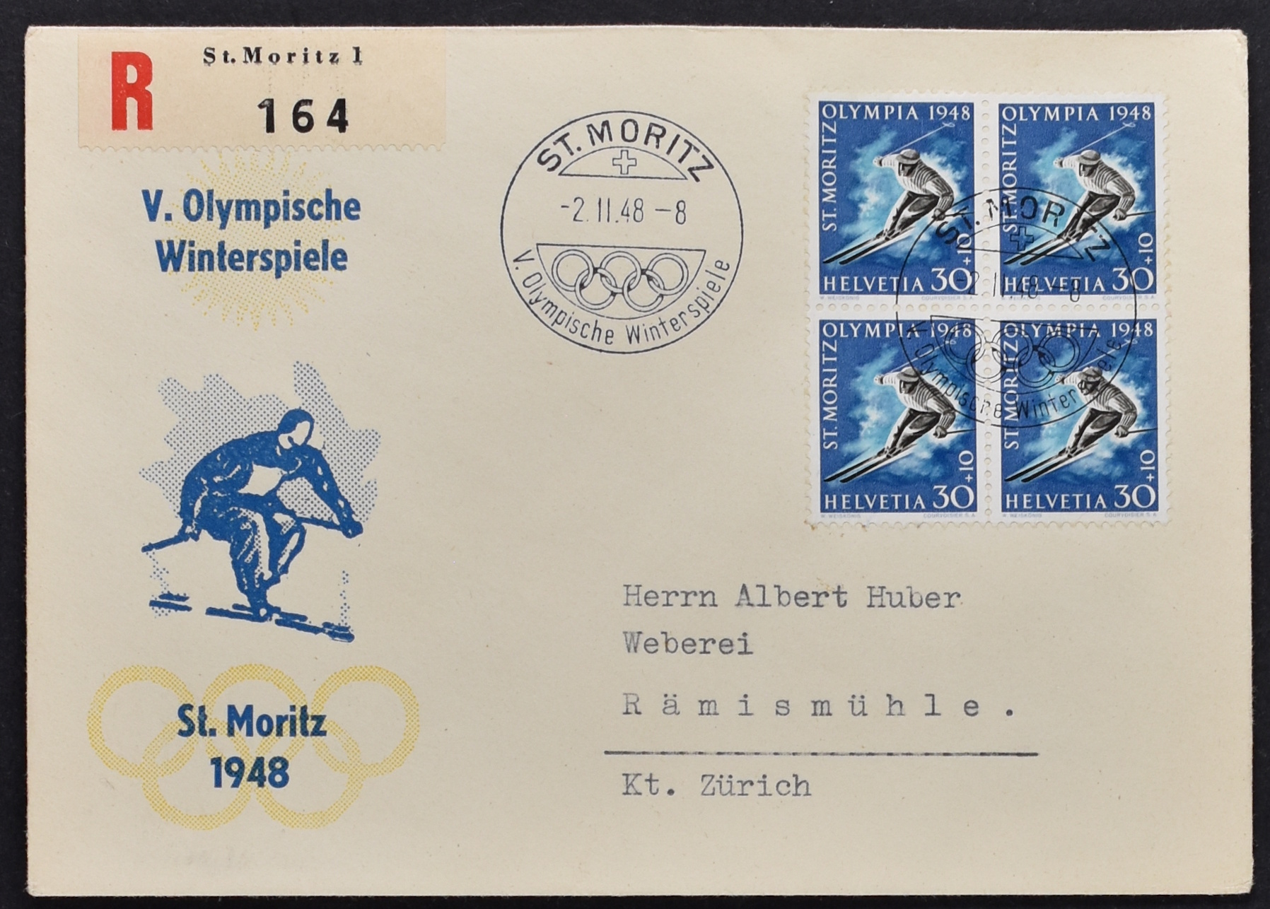 SWITZERLAND, OLYMPIC GAMES 1948 ST MORITZ IN BLOCKS OF 4, ON 4 ENVELOPES <i>Schweiz, Olympische Spiele 1948 St. Moritz in Viererblocks, auf 4 Briefumschlägen.</i> - Image 5