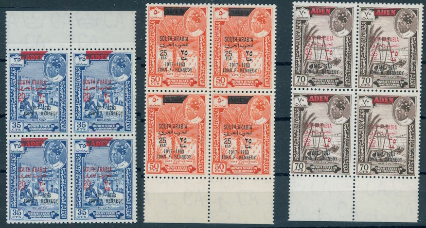 ADEN / KATHIRI STATE IN HADHRAMAUT – Additional Overprint “Kennedy” set in blocks of 4, in black 1966, NEVER HINGED <i>ADEN / KATHIRI STATE IN HADHRAMAUT Satz mit Zusatzaufdruck "Kennedy" von 1966 im Viererblock in schwarz, postfrisch</i>