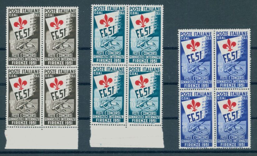 ITALIA, "GINNICI" BLOCKS OF 4, 1951 NEVER HINGED <i>Italien, Gymnastikspiele 1951, Viererblocksatz postfrisch</i>
