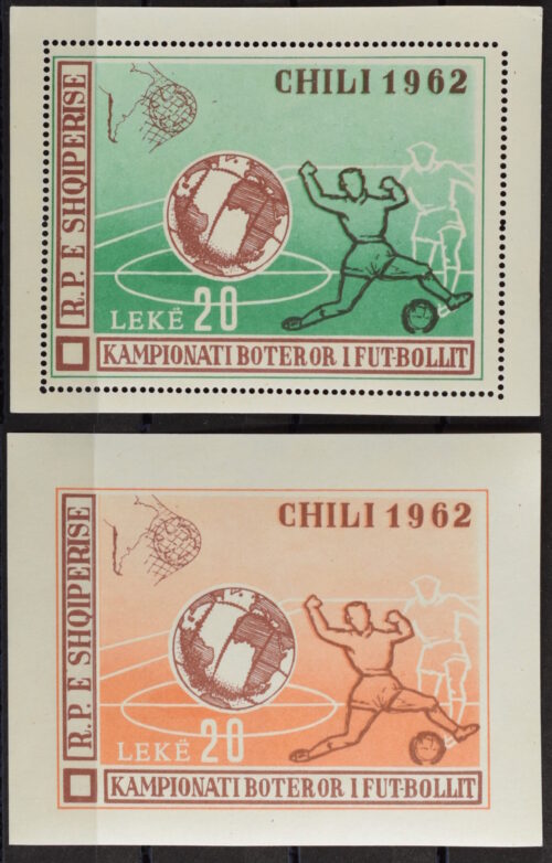 ALBANIA, 1962 FIFA WORLD CUP, CHILE, PAIR OF SOUVENIR SHEETS, MINT NEVER HINGED / <i>Albanien, Fussball-Weltmeisterschaft Chile 1962, Paar Gedenkblocks, postfrisch</i>