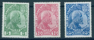 LIECHTENSTEIN, FIRST SET SURFACE PAPER 1912 , MINT NEVER HINGED / <i>Liechtenstein, Erste Ausgabe, Kreidepapier 1912, postfrisch </i>