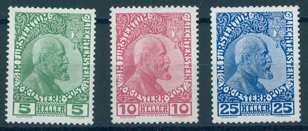 LIECHTENSTEIN, FIRST SET SURFACE PAPER 1912 , MINT NEVER HINGED / <i>Liechtenstein, Erste Ausgabe, Kreidepapier 1912, postfrisch </i>