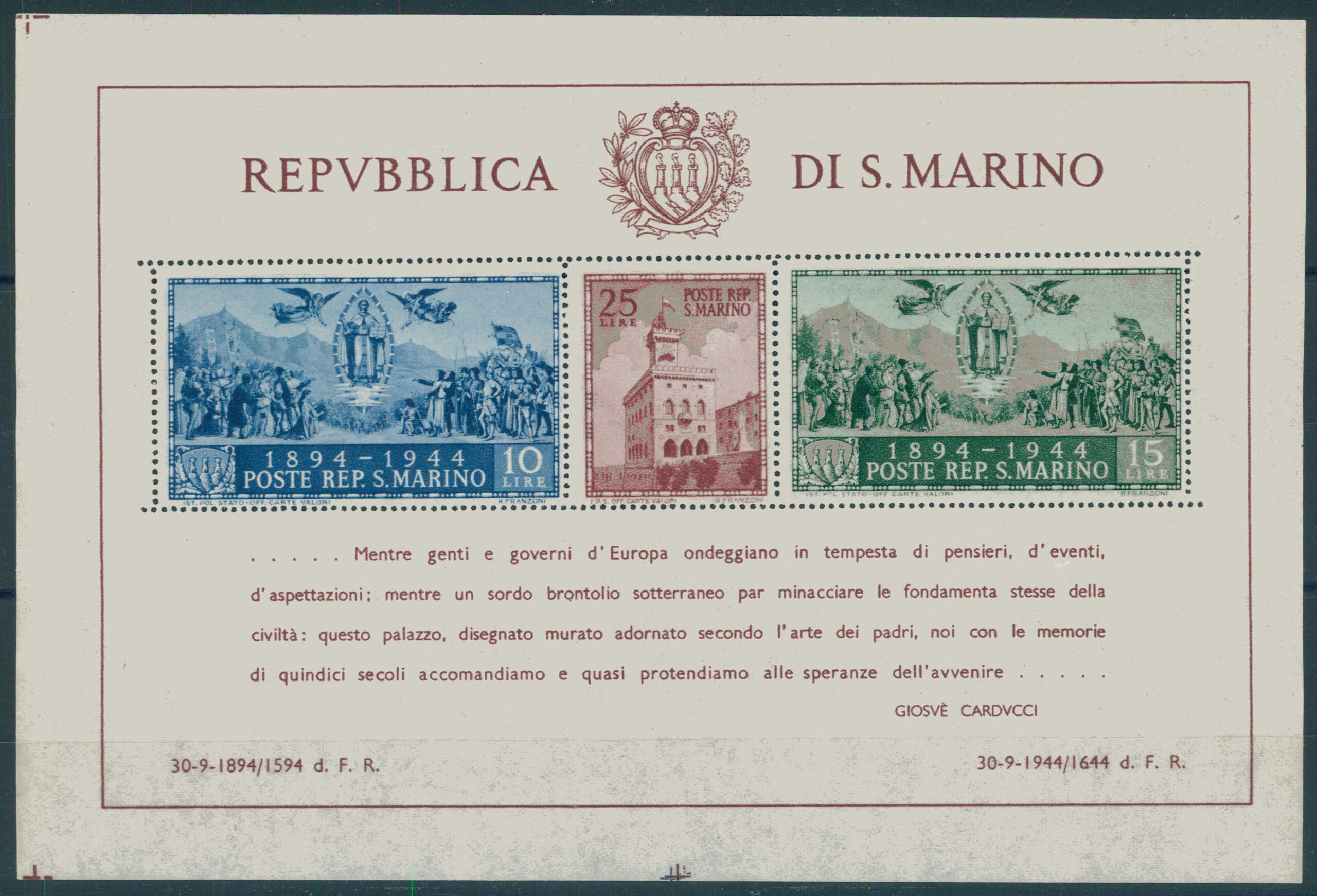 SAN MARINO, 50th Anniversary of Gouvernement Palace 1945 PAIR OF SOUVENIR SHEETS HI/NH <i>SAN MARINO, 50 Jahre Regierungspalast 1945, Paar Gedenkblocks, ungebraucht mit Falz / postfrisch</i> - Image 2