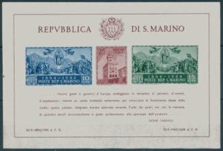 SAN MARINO, 50th Anniversary of Gouvernement Palace 1945 PAIR OF SOUVENIR SHEETS HI/NH <i>SAN MARINO, 50 Jahre Regierungspalast 1945, Paar Gedenkblocks, ungebraucht mit Falz / postfrisch</i>